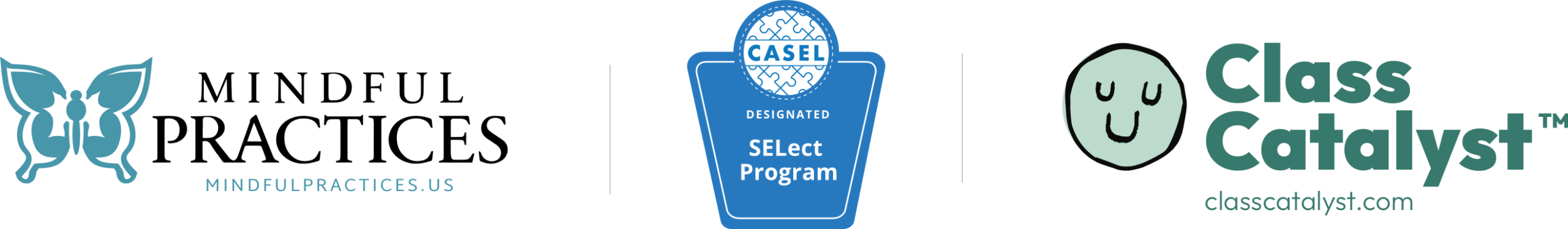 Mindful Practices, CASEL SELect Badge, and Class Catalyst Logos